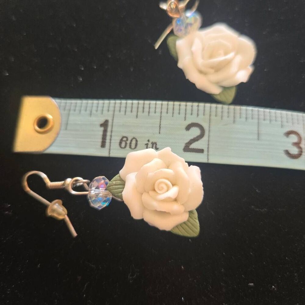 White Rose Clay Earrings Dangle Drop Bead - Picture 3 of 6